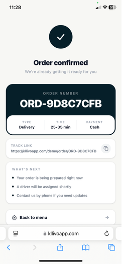 Kllivo order confirmation with order number, delivery time, payment method and tracking link